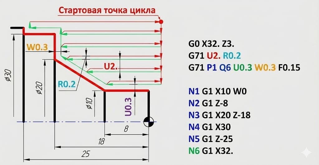 Схема G71 (Цикл чернового продольного точения)